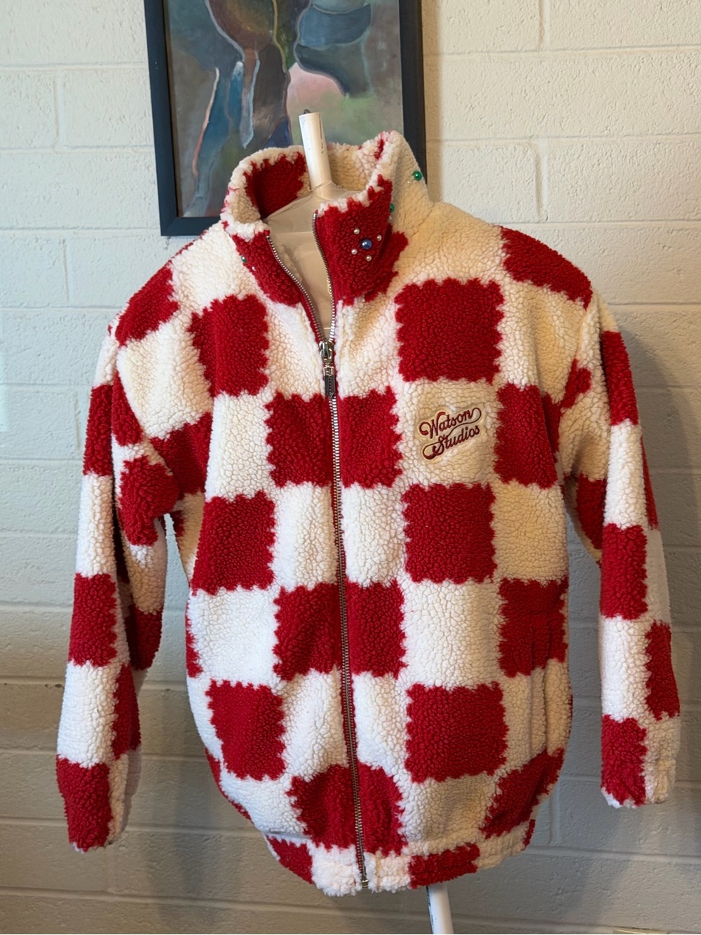 NWT Watson Studios Checkerboard Sherpa Jacket Red/Cream XS